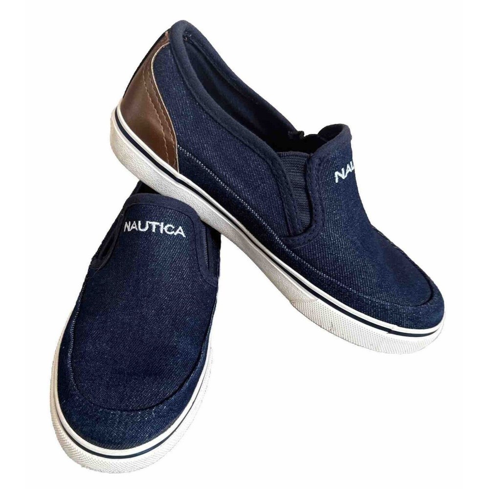 Nautica Embroidered Boys Navy Blue Canvas Slip On Elastic Side Boat Shoes Us 2